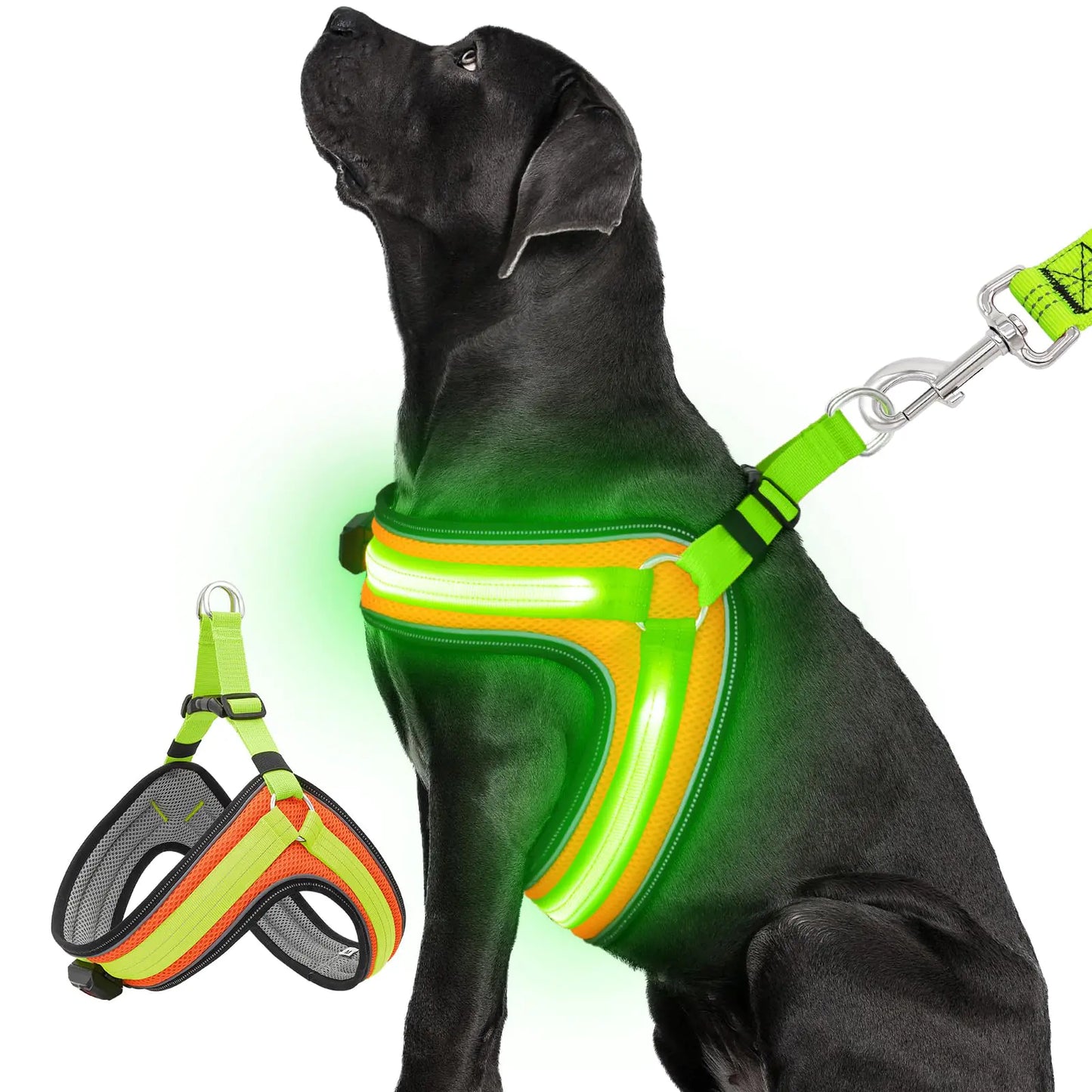LED Rechargeable No-Choke Dog Harness – Glow-in-the-Dark Safety Vest with Reflective Strips & Adjustable Fit – Green, Large