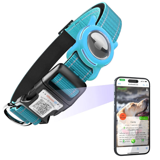 Reflective Dog Collar with Airtag Holder + Smart QR Code ID | Soft-Padded & Safety Buckle | Blue – Medium Size